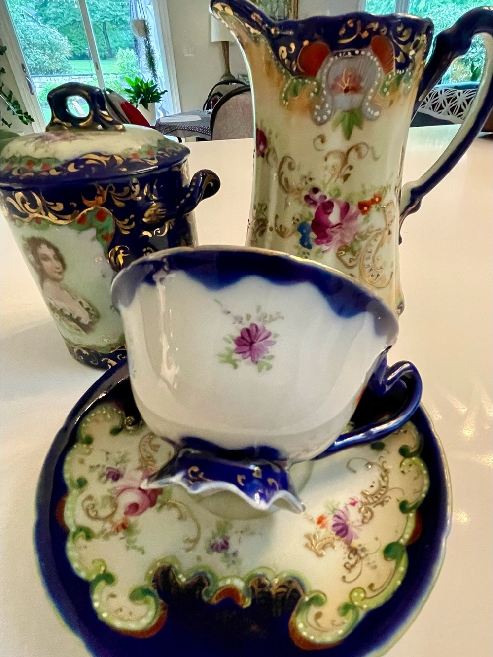Elegant Floral Porcelain Tea Set - Cobalt Blue and White